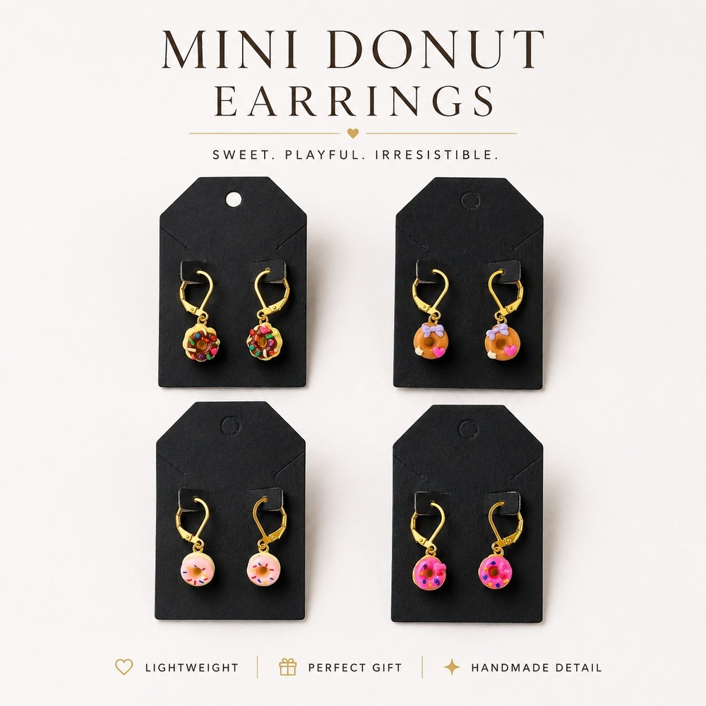 Handmade Donut Charm Earrings Gold‎ Tone Leverback Pink Sprinkles 4 Pair